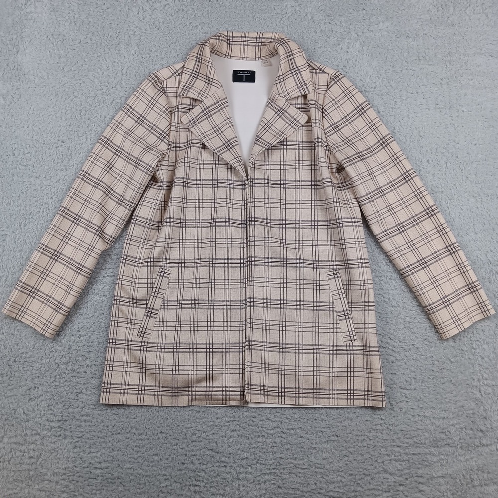 Tahari Blazer Jacket Women M Beige Plaid Open Front Faux Leather RN93178